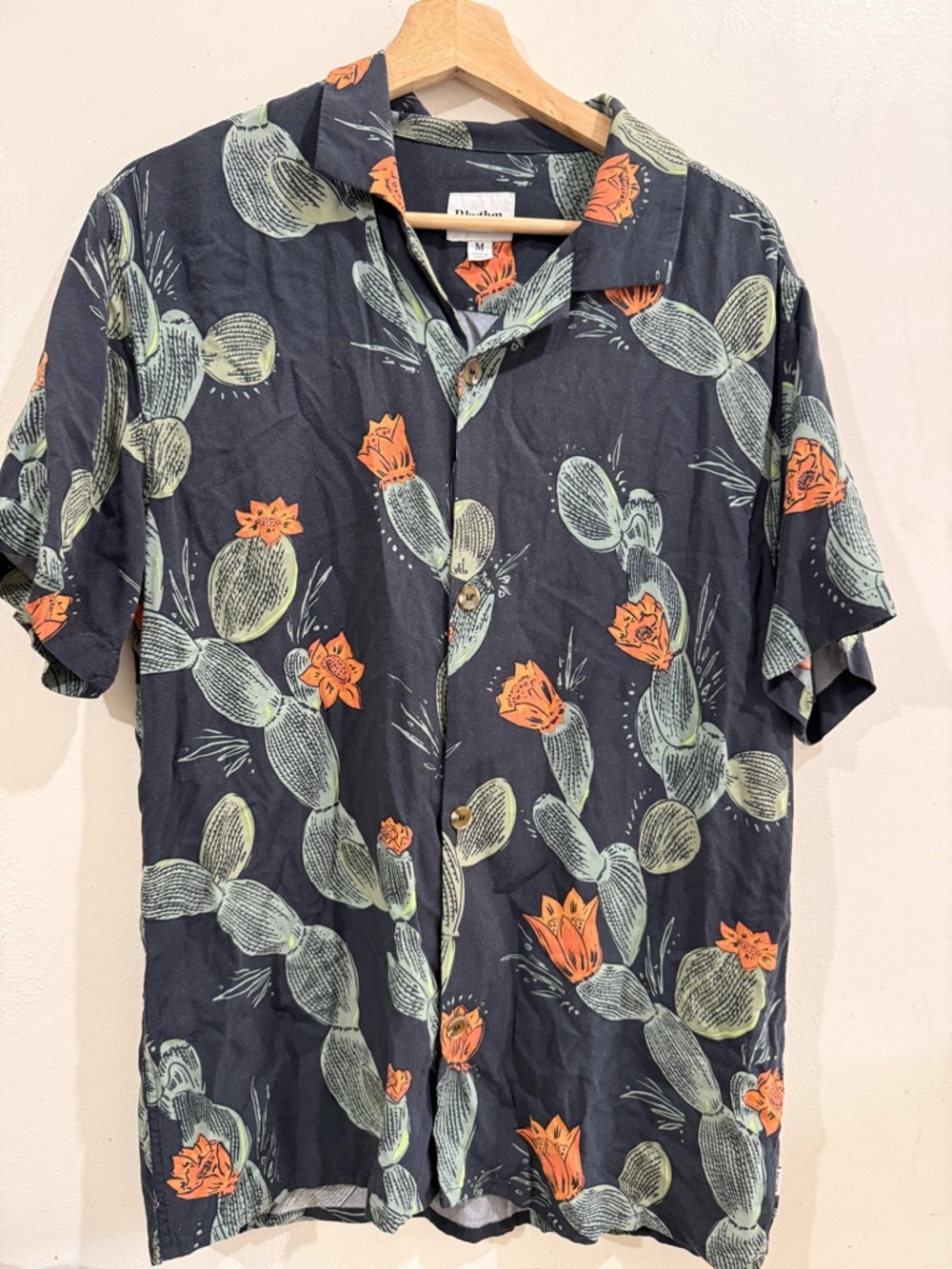 Rhythm Navy Short-Sleeve Button-Up with Green Cactus and Orange Blooms